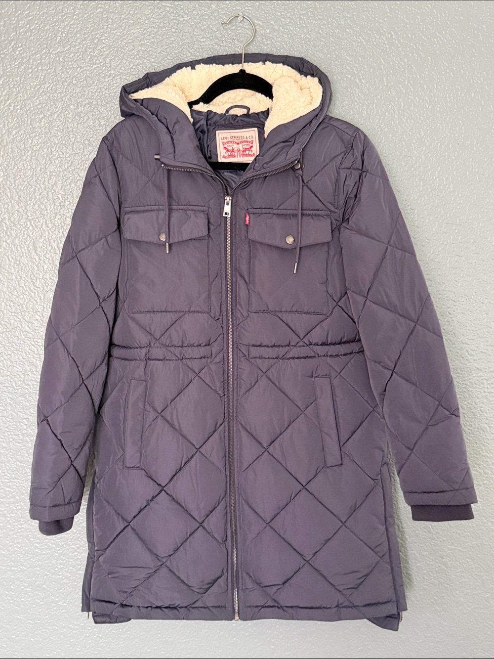 Levi's Women's Quilted Hooded Puffer Coat in Blue with Sherpa Lining